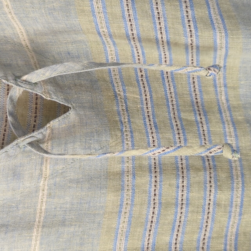 Flax Linen V Neck Striped Green Blue Dress L - Picture 8 of 14